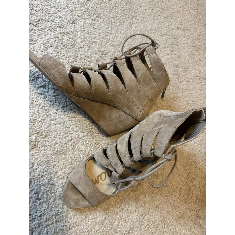 Sam Edelman Santina Neutral Suede Beige Caged Lace Wedge Womens Shoes Size 7.5